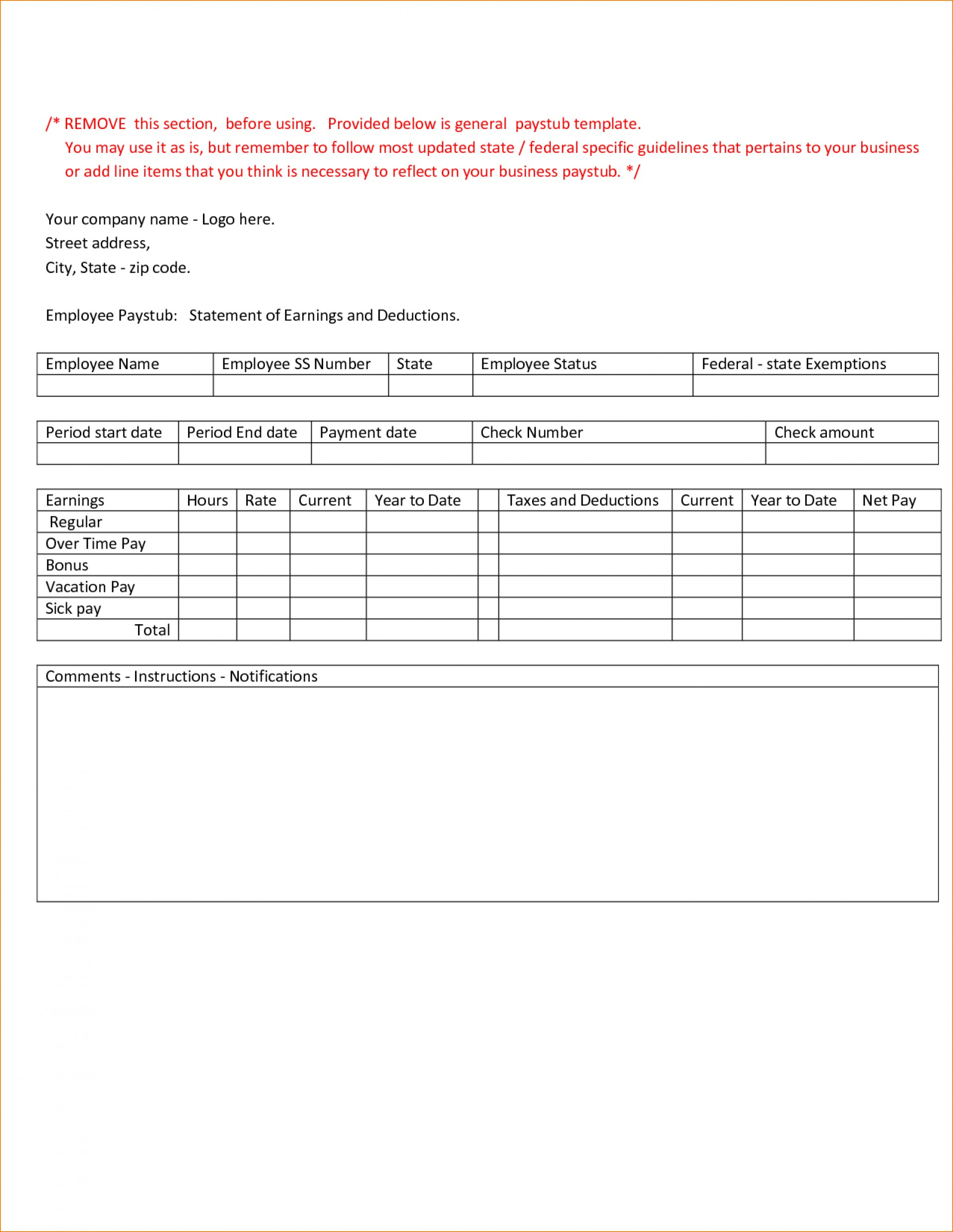 019 Printable Pay Stub Template Free Payroll ~ Ulyssesroom - Printable Pay Stub Template Free