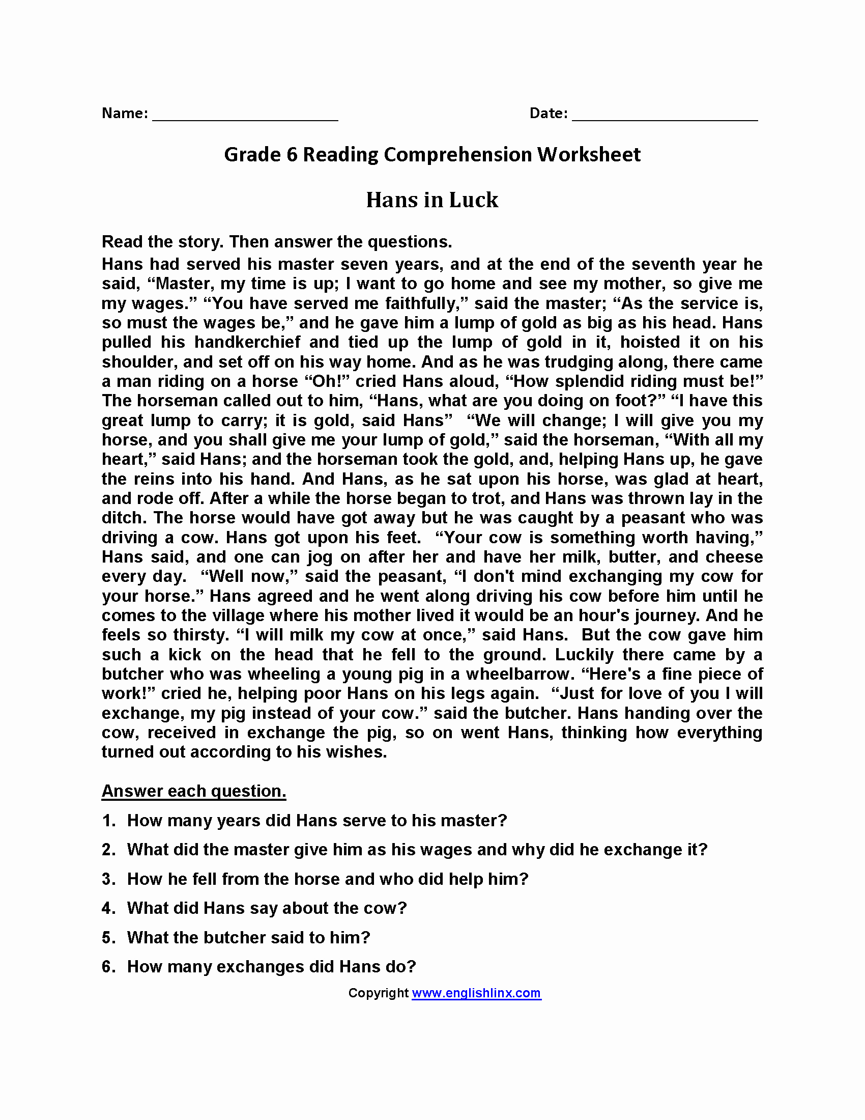 20 Free Printable Reading Comprehension Worksheets For 6Th Grade - Free Printable Reading Comprehension Worksheets Grade 5