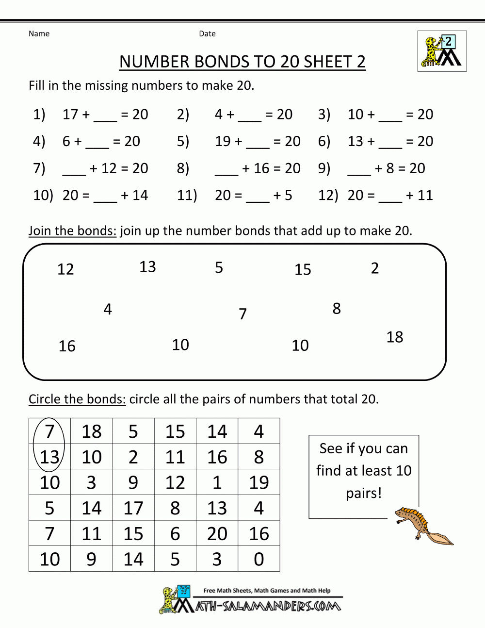 2Nd Grade Math Worksheets Number Bonds To 20 2 | Math Activities - Free Printable Number Bond Template