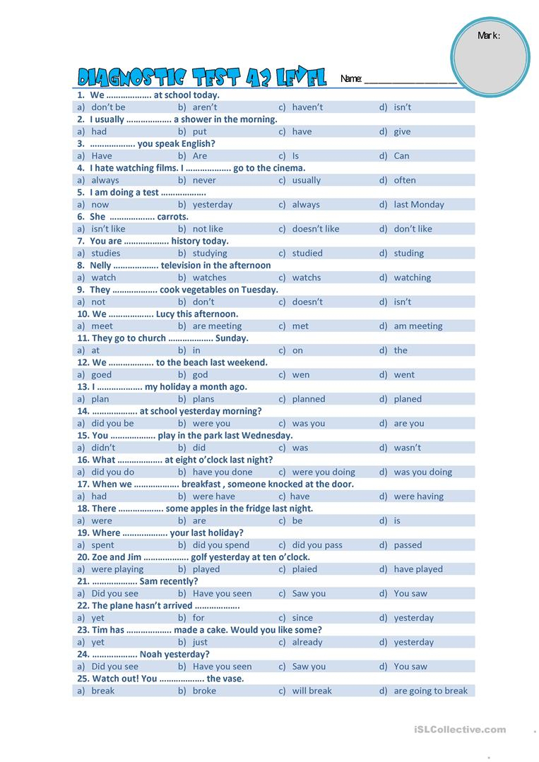 36 Free Esl Diagnostic Test Worksheets - Free Esl Assessment Test Printable