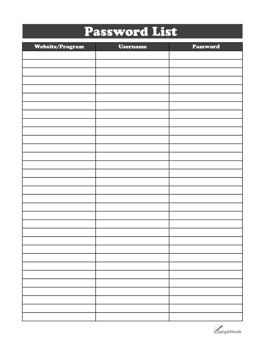 39 Best Password List Templates (Word, Excel &amp;amp; Pdf) - Template Lab - Free Printable Password Keeper