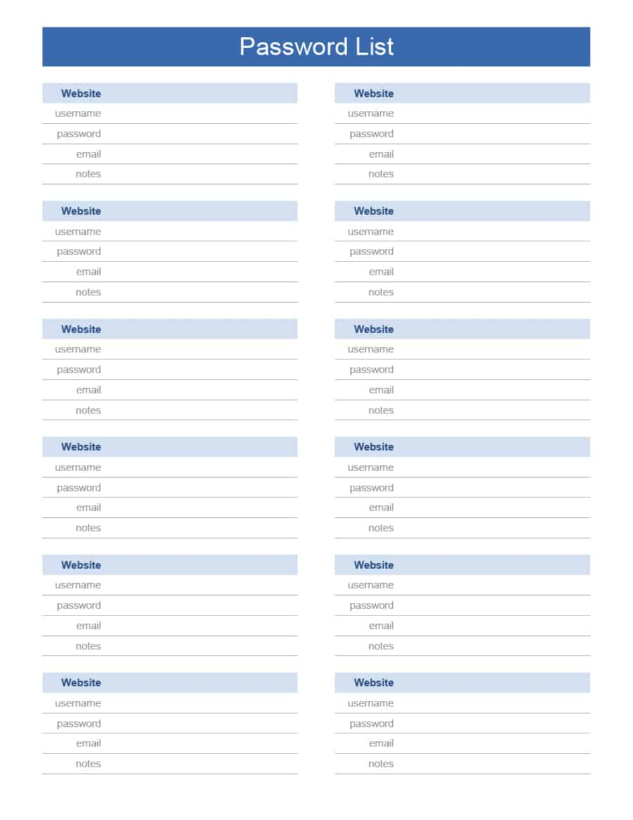 39 Best Password List Templates (Word, Excel &amp;amp; Pdf) - Template Lab - Free Printable Password List