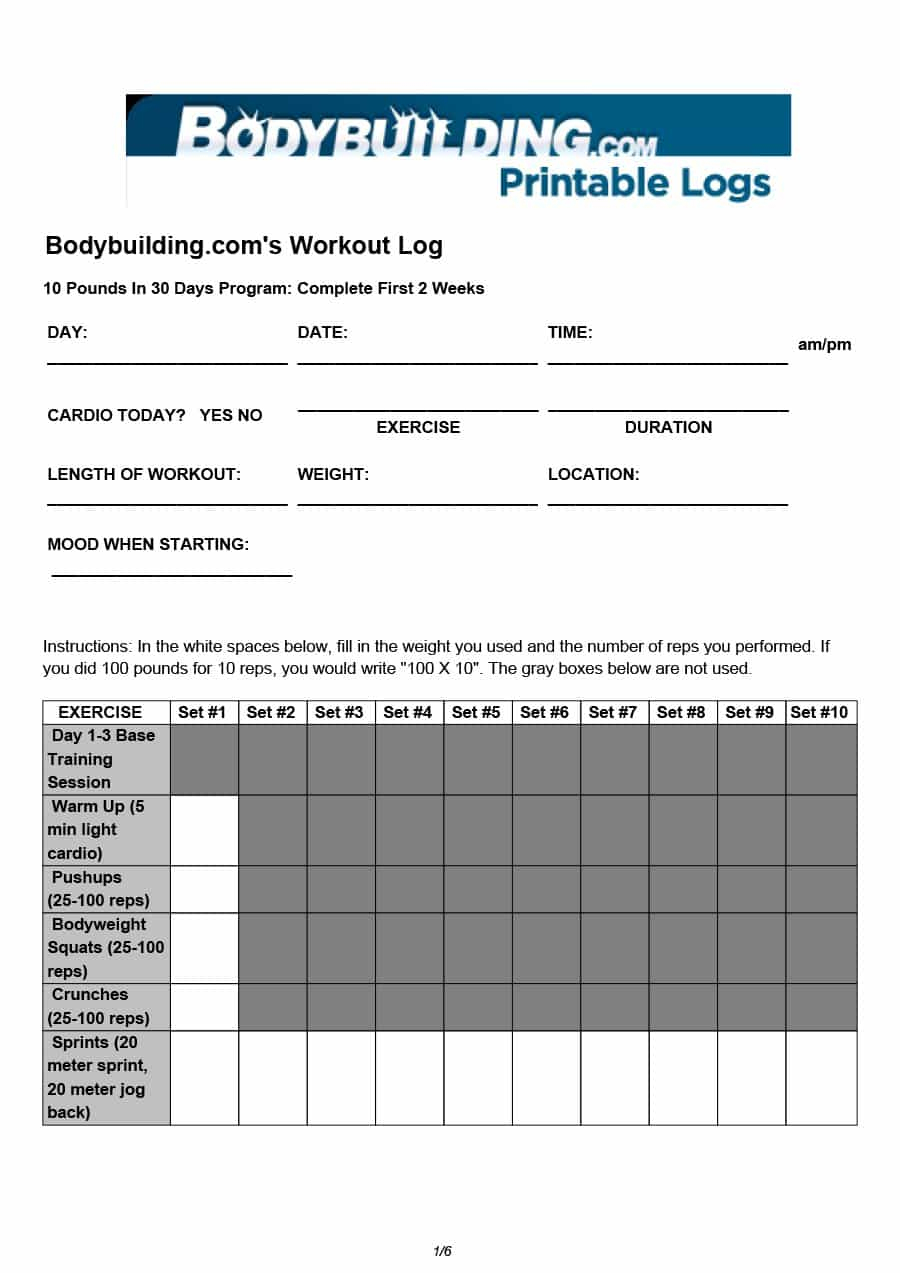 40+ Effective Workout Log &amp;amp; Calendar Templates - Template Lab - Free Printable Gym Workout Plans