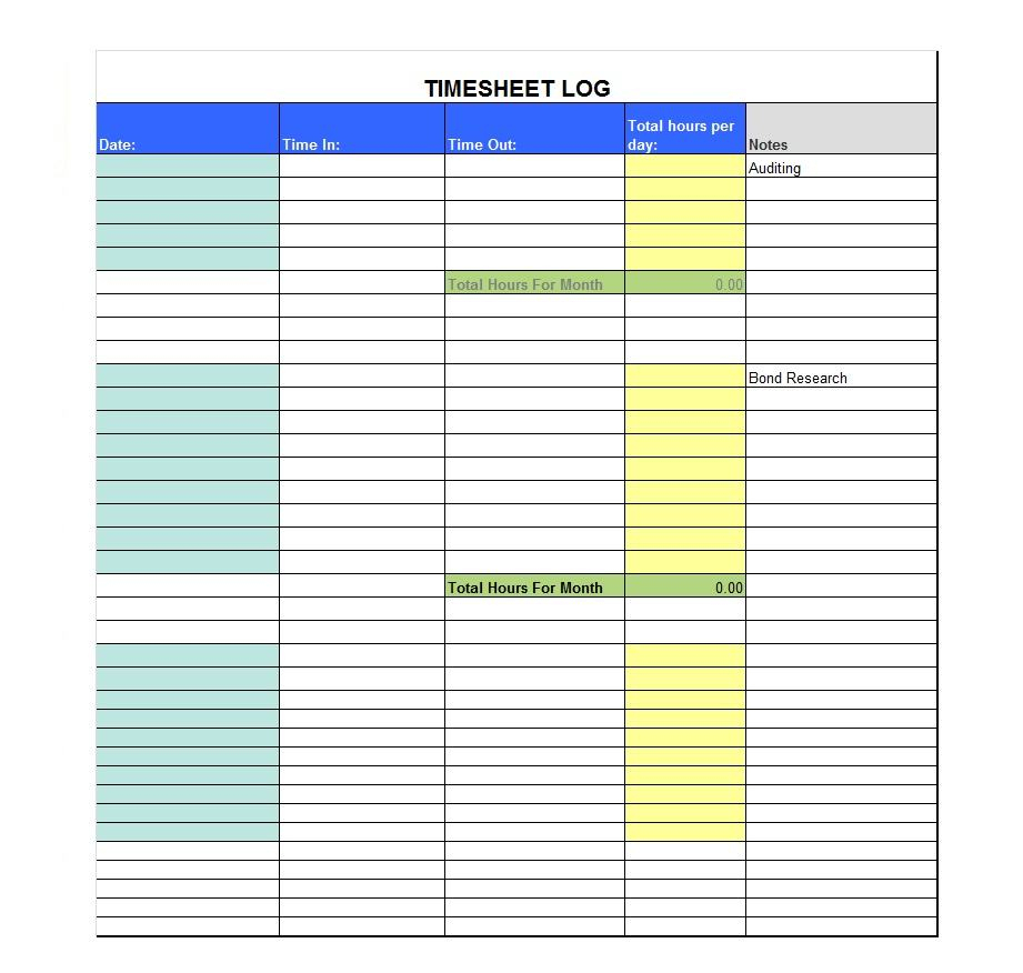 40 Free Timesheet / Time Card Templates - Template Lab - Monthly Timesheet Template Free Printable