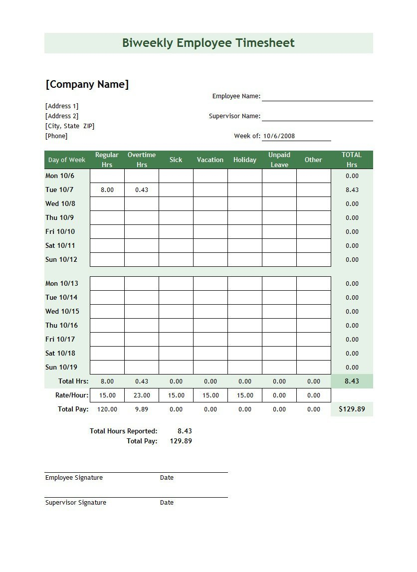 40 Free Timesheet / Time Card Templates - Template Lab - Timesheet Template Free Printable