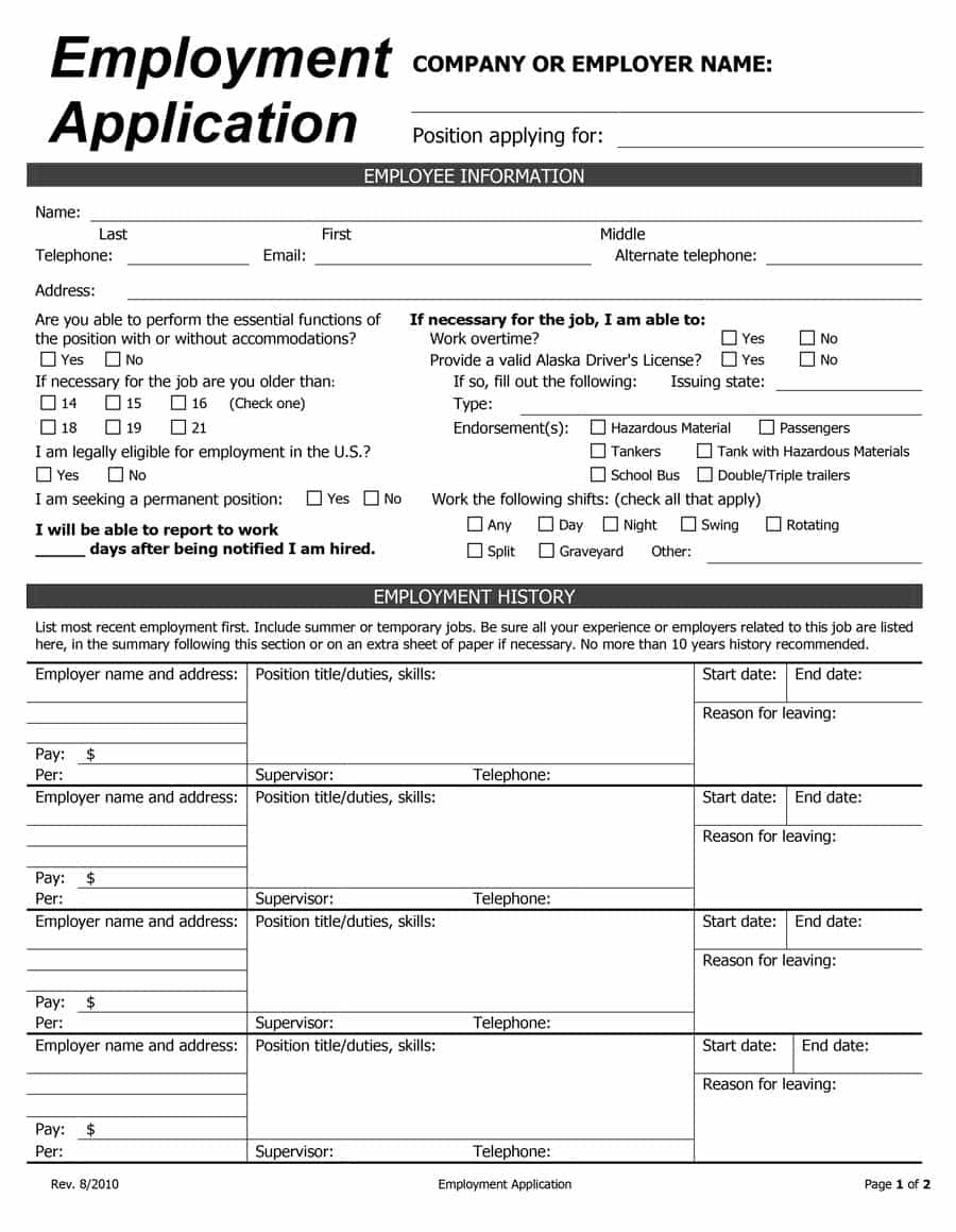 50 Free Employment / Job Application Form Templates [Printable] ᐅ - Free Printable Application For Employment Template