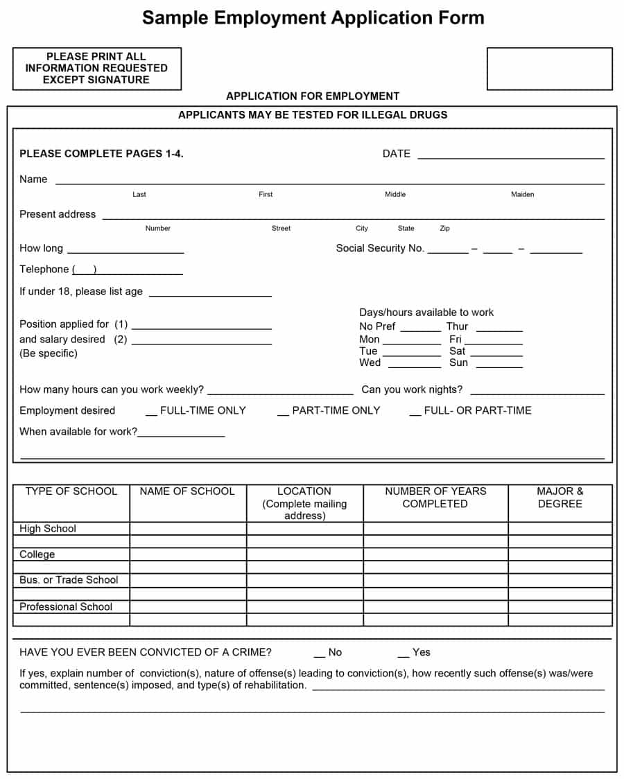 50 Free Employment / Job Application Form Templates [Printable] ᐅ - Free Printable Application For Employment Template