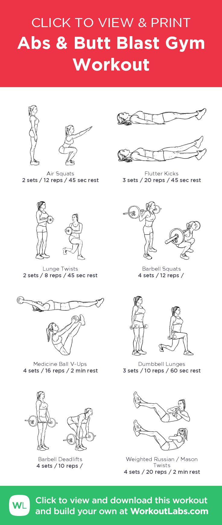 Abs &amp;amp; Butt Blast Gym Workout – Illustrated Exercise Plan Created At - Free Printable Gym Workout Plans