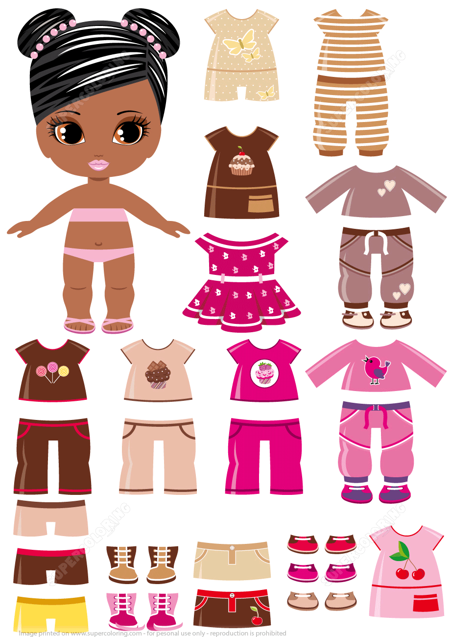 African-Amercian Girl With A Set Of Summer Clothing From Dress Up - Free Printable Dress Up Paper Dolls