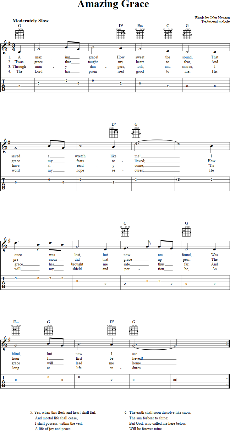 Amazing Grace: Chords, Sheet Music, And Tab For Guitar With Lyrics - Free Printable Sheet Music Lyrics