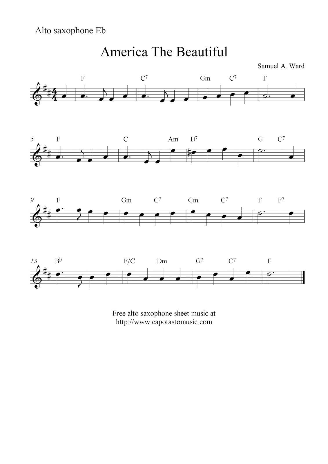America The Beautiful, Free Alto Saxophone Sheet Music Notes - Free Printable Alto Saxophone Sheet Music