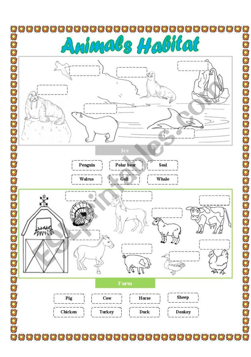 Animals Habitat - (Farm - Ice) Cut And Paste - Esl Worksheet - Free Printable Worksheets Animal Habitats