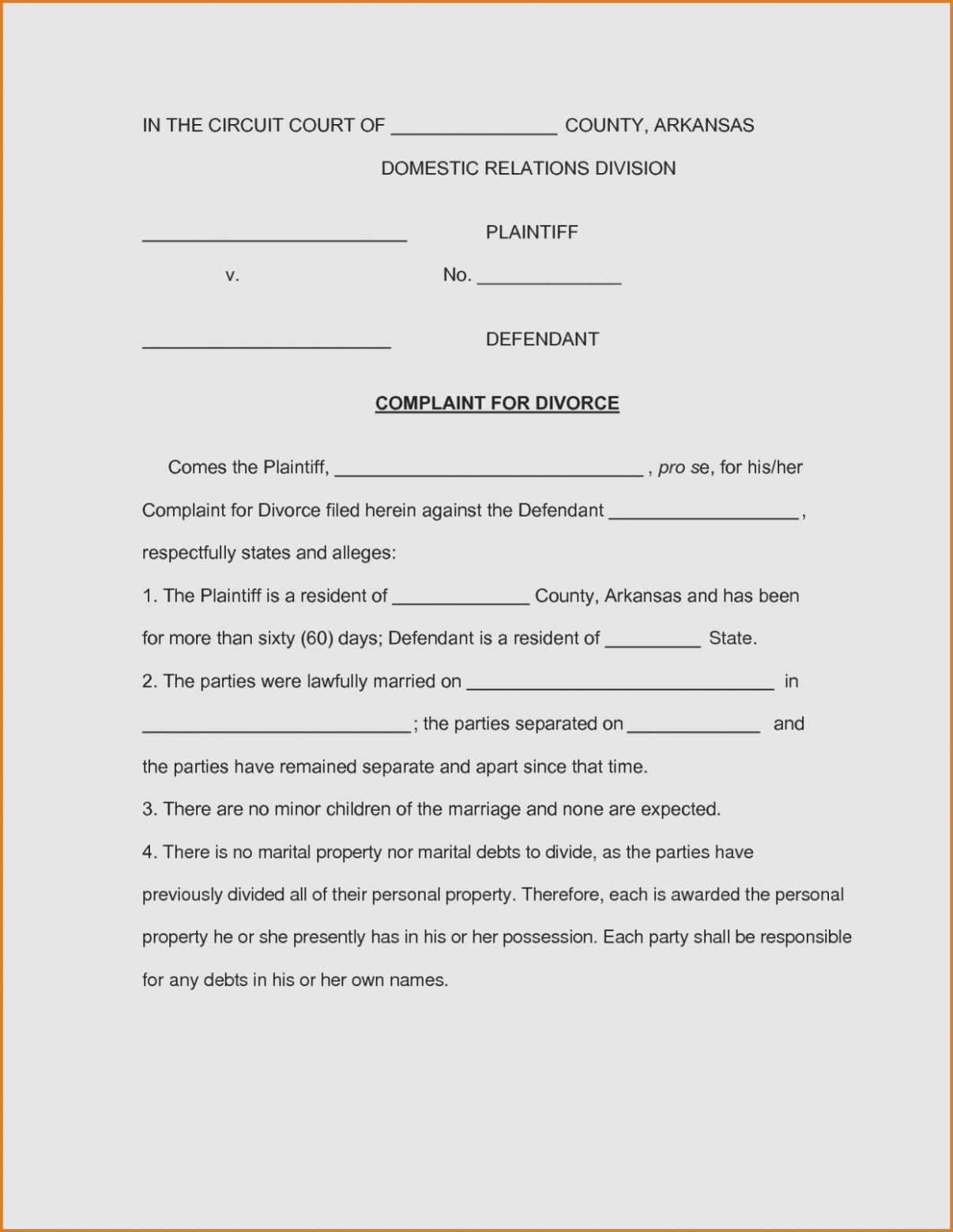 Printable Arkansas Divorce Papers Printable Templates 5944