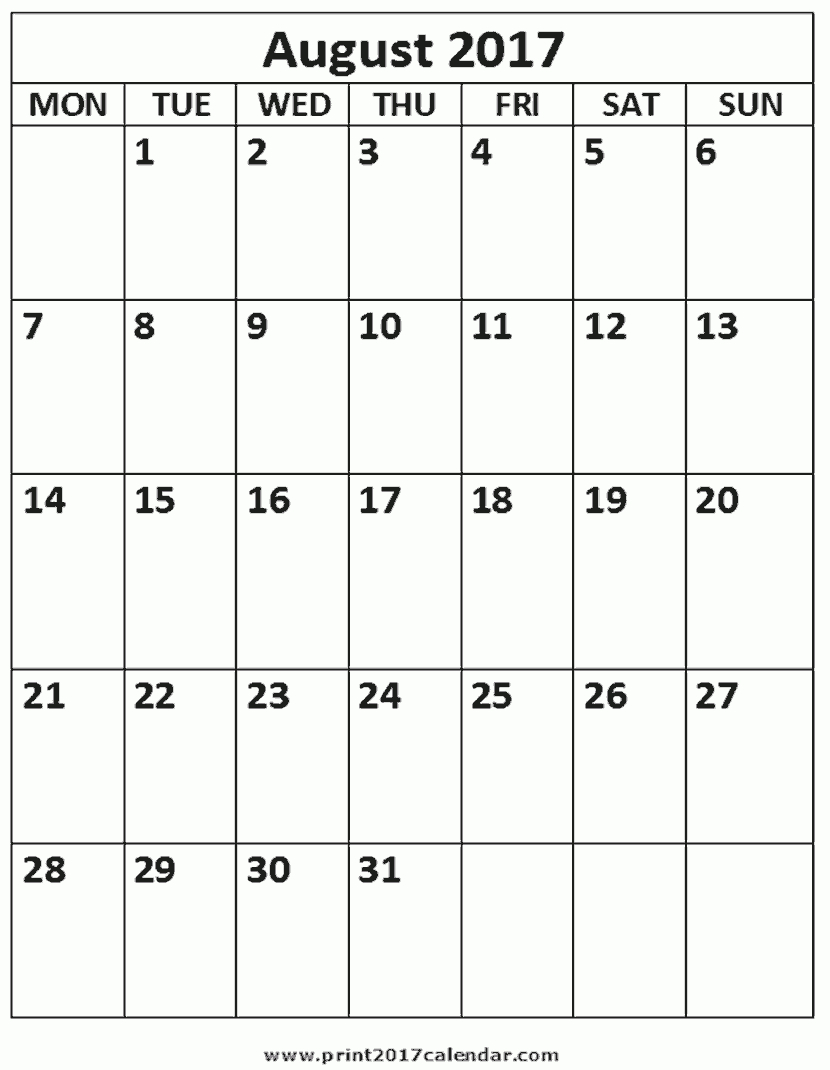 August 2017 Printable Calendar - Free Printable August 2017