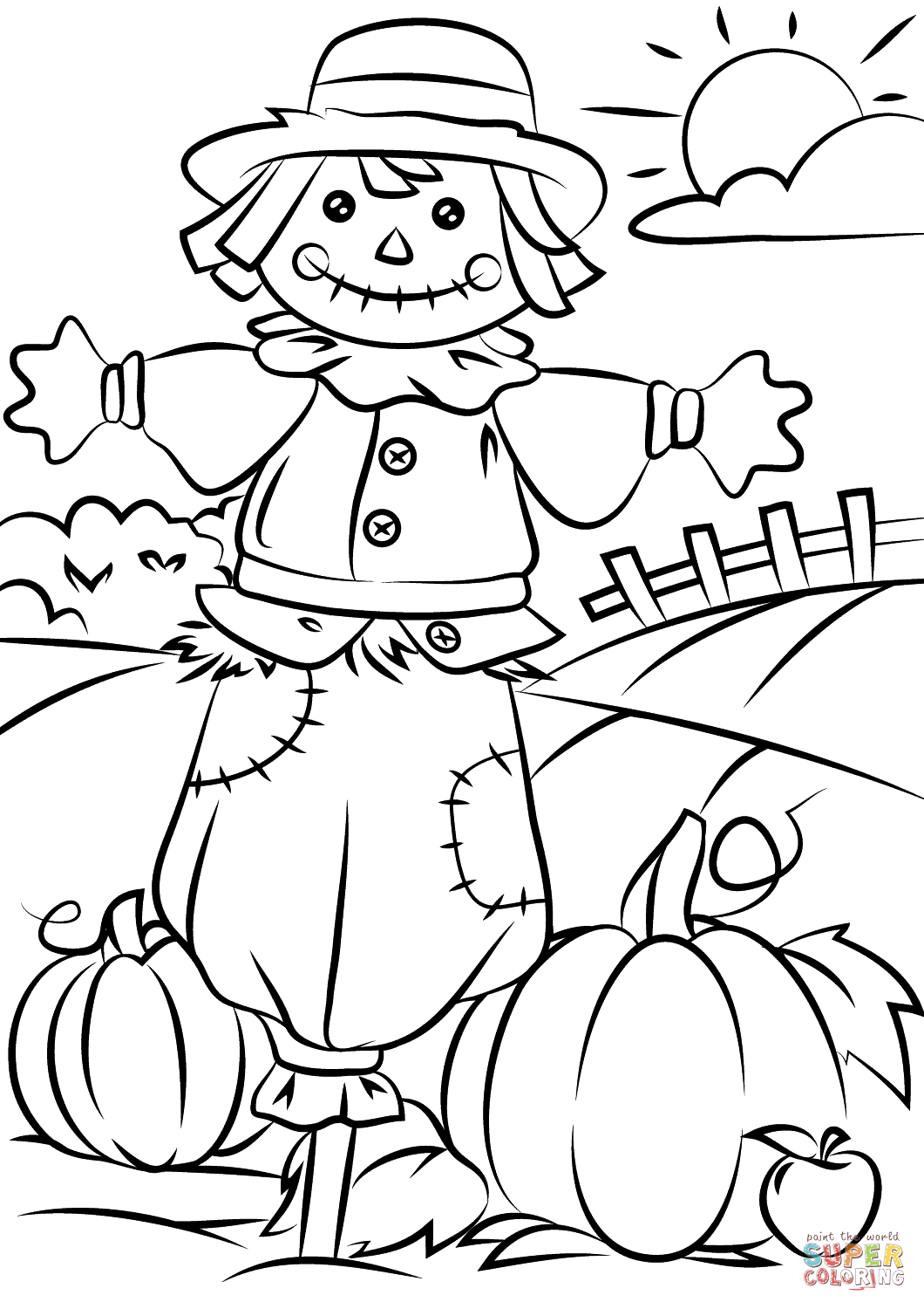 Autumn Scene With Scarecrow Coloring Page | Free Printable Coloring - Free Printable Leaf Coloring Pages