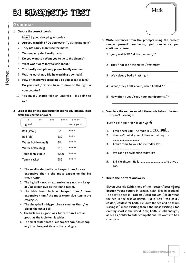 B1 Diagnostic Test Worksheet - Free Esl Printable Worksheets Made - Free Esl Assessment Test Printable