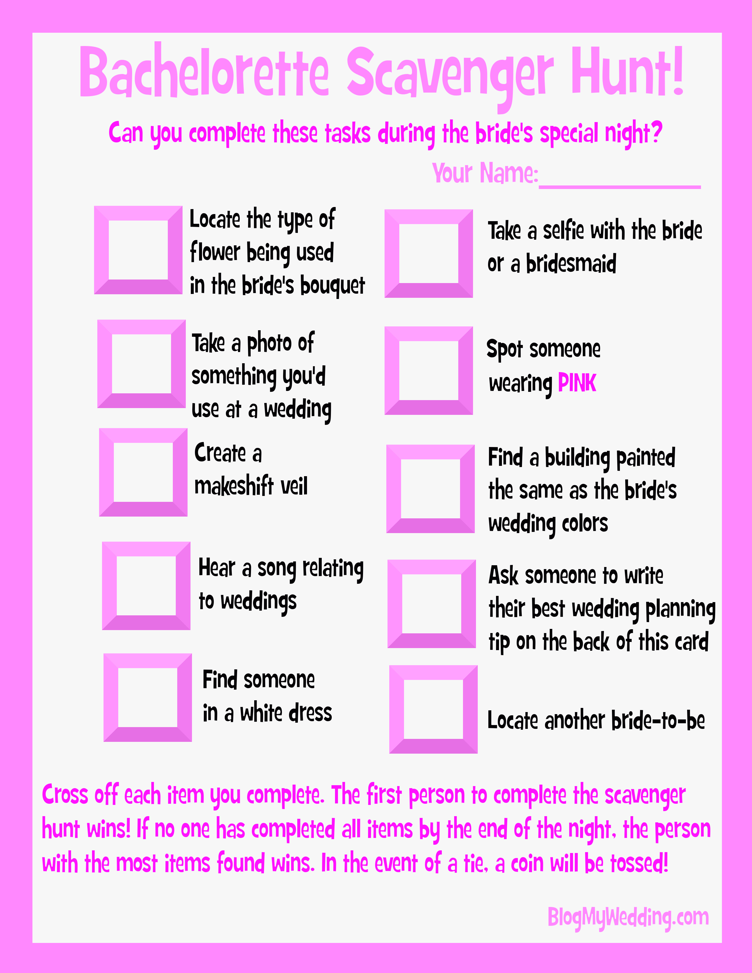 Bachelorette Scavenger Hunt - Free Printable | Bachelorette - Free Printable Bachelorette Party Games