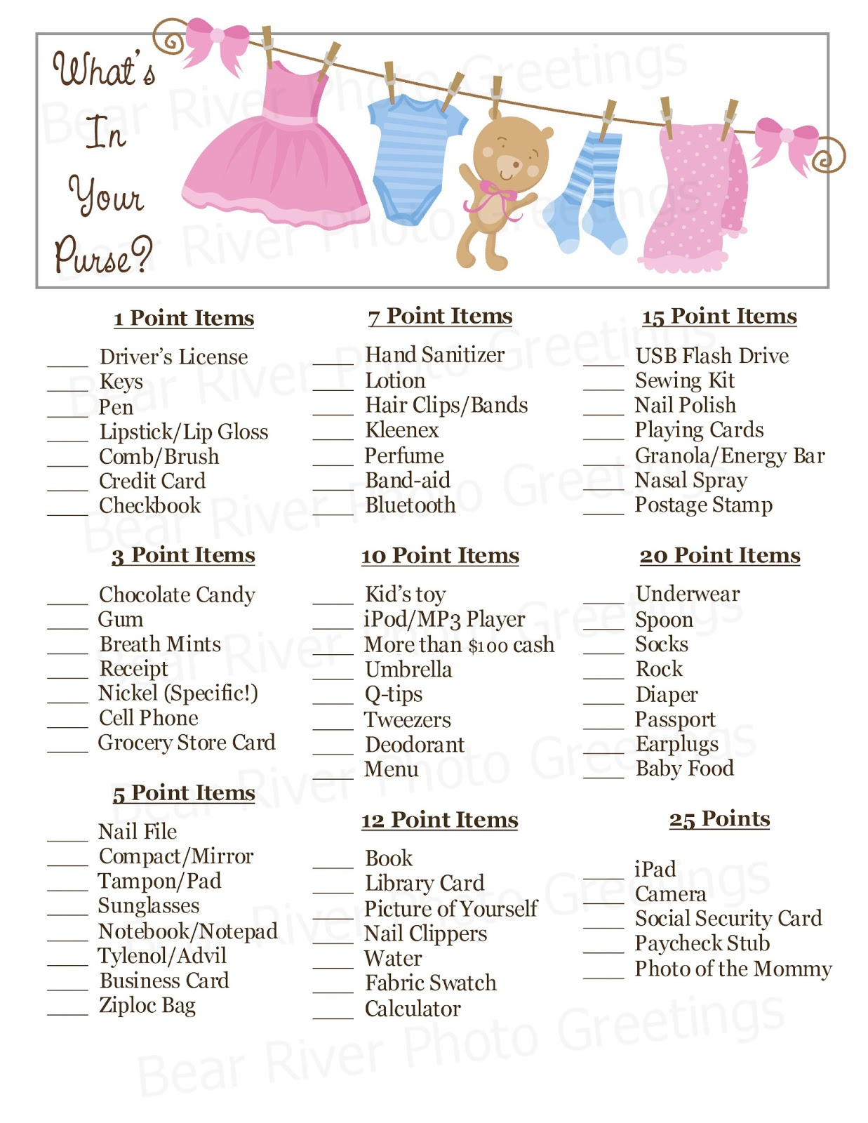 Bear River Photo Greetings: 2013 - Free Printable Baby Shower Game What&amp;#039;s In Your Purse