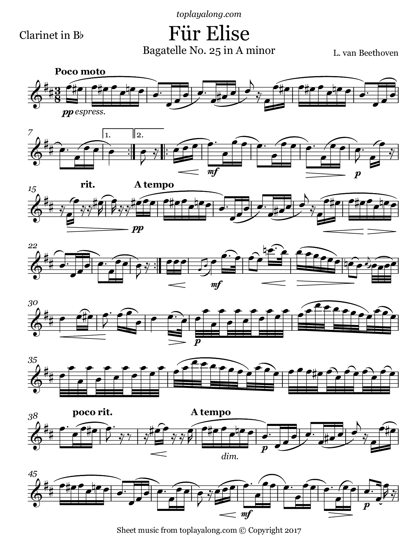 Beethoven – Für Elise – Toplayalong - Free Sheet Music For Clarinet Printable