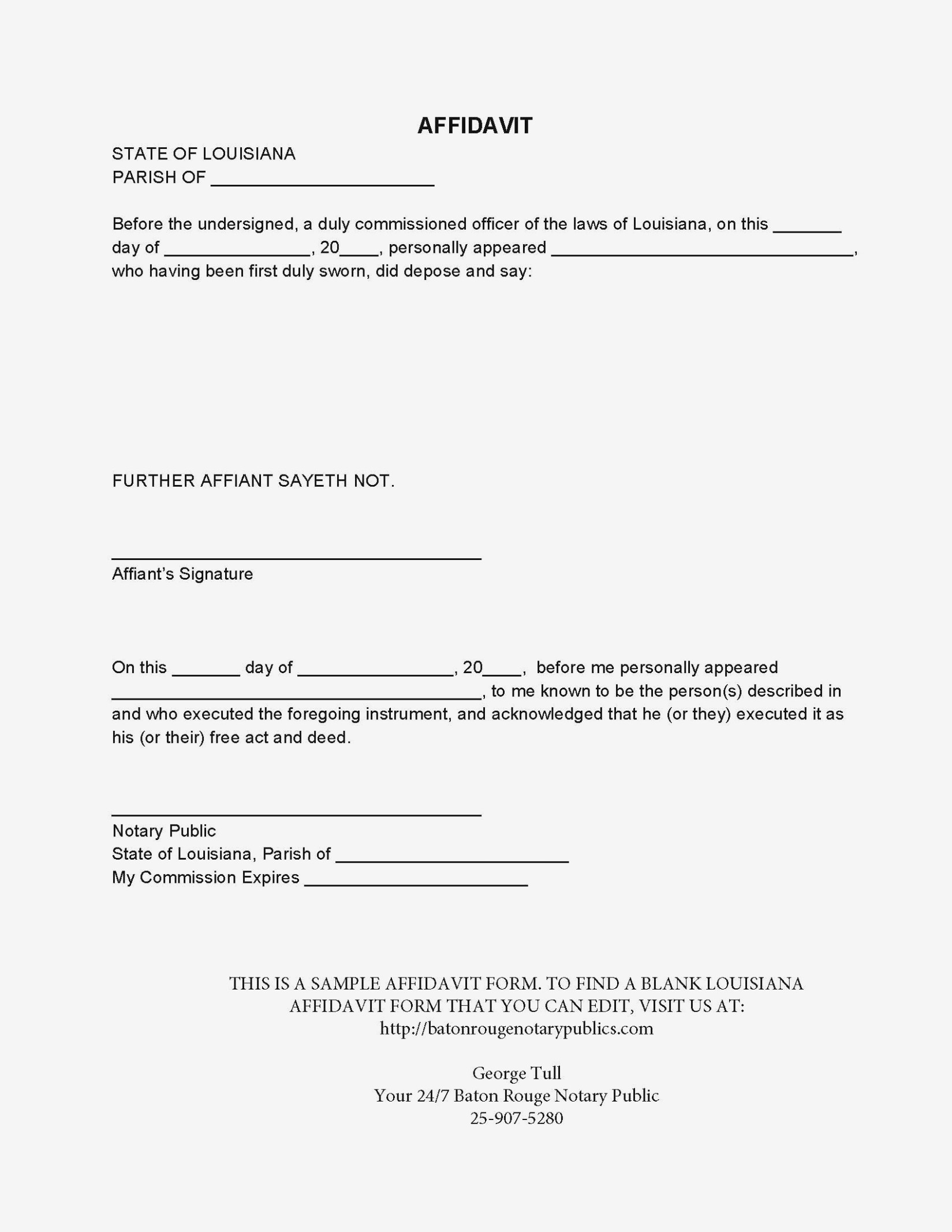 Blank Louisiana Affidavit | Baton Rouge Notary Publics – Sample - Free Printable Divorce Papers For Louisiana