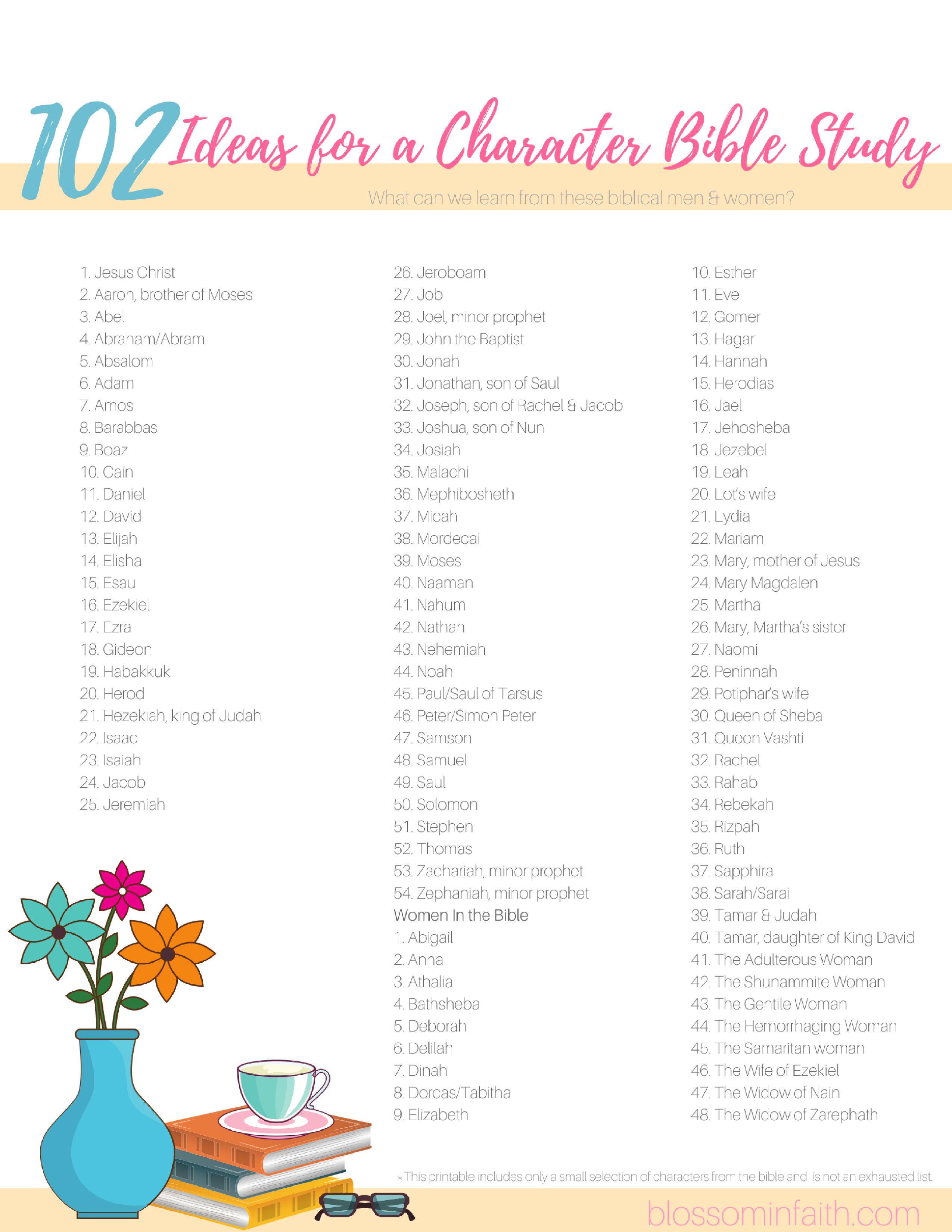 Blossom In Faith ~ 102 Ideas For A Character Bible Study - Free Printable Ladies Bible Study Lessons