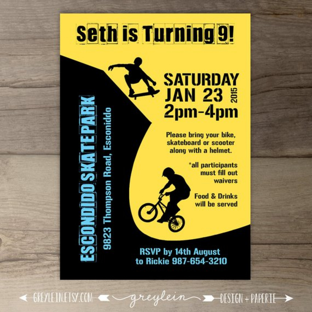 Bmx Party / Skate Park Birthday Party Invitations / Skateboard - Free Printable Skateboard Birthday Party Invitations