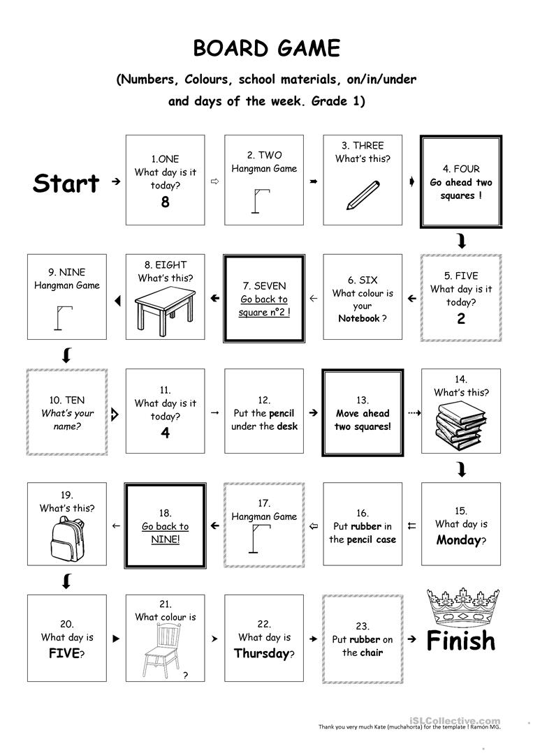 Board Game Grade 1 - Colours, Numbers, School Material, Etc - Free Printable Hangman Game