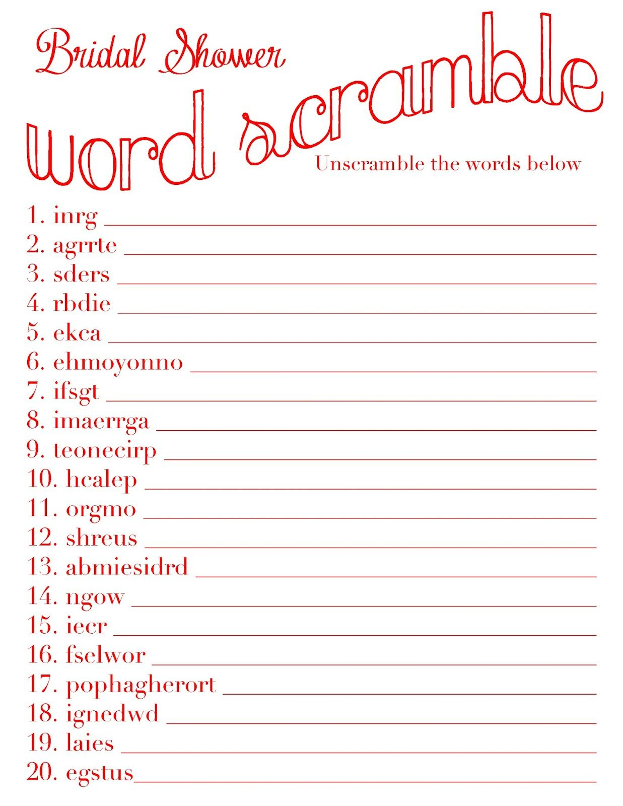 Bridal Shower Games | For Kathy | Bridal Shower Games, Bridal Shower - Free Printable Bridal Shower Games Word Scramble