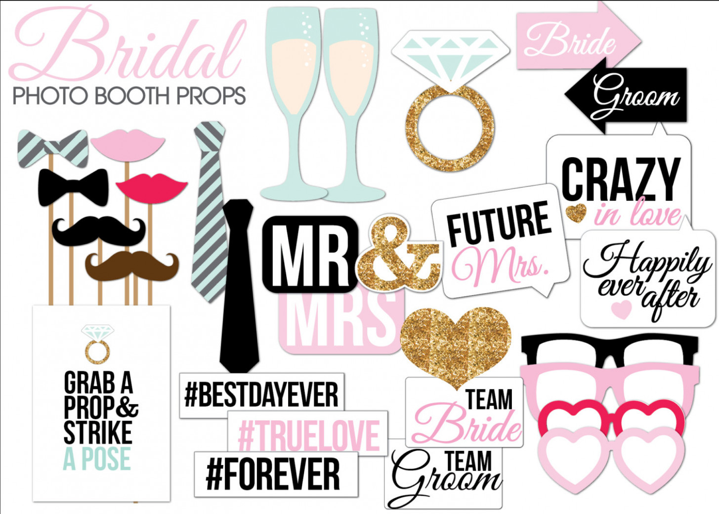Bridal Shower/wedding Photo Booth Props Printable Pdf – Smartvaforu - Free Printable Wedding Photo Booth Props