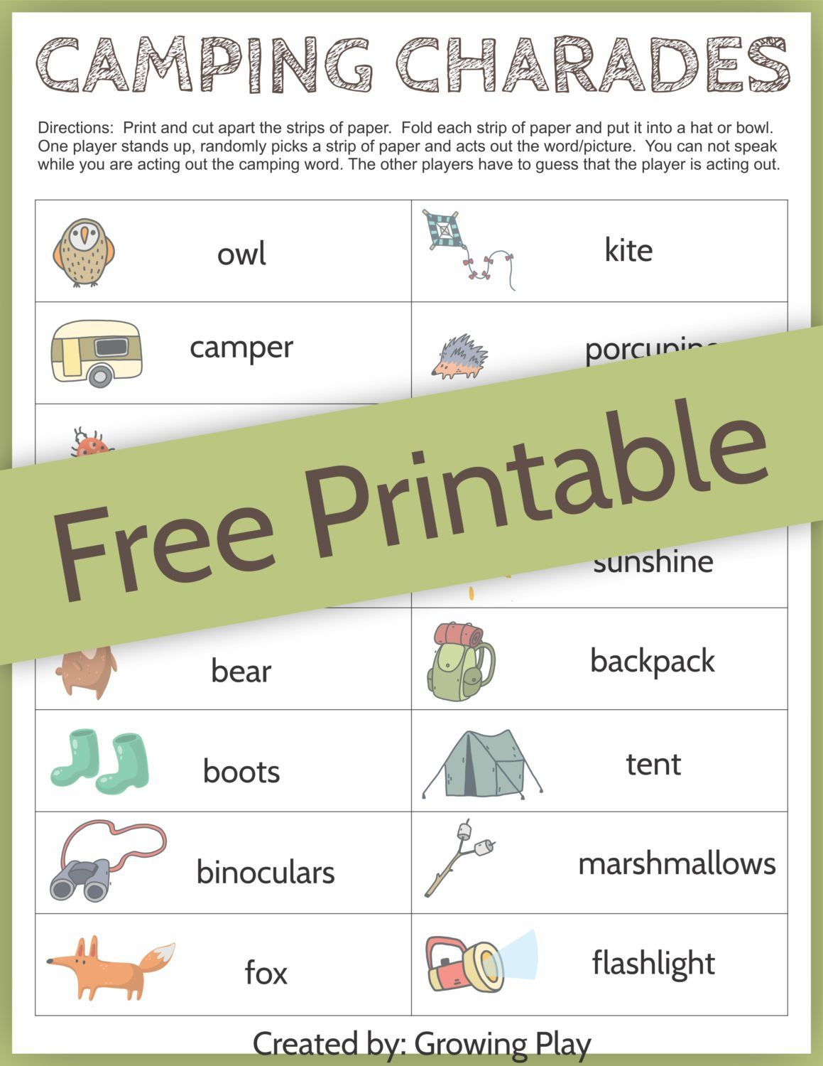 Camping Charades Game For Kids - Free Printable | Camping | Games - Free Printable Camping Games