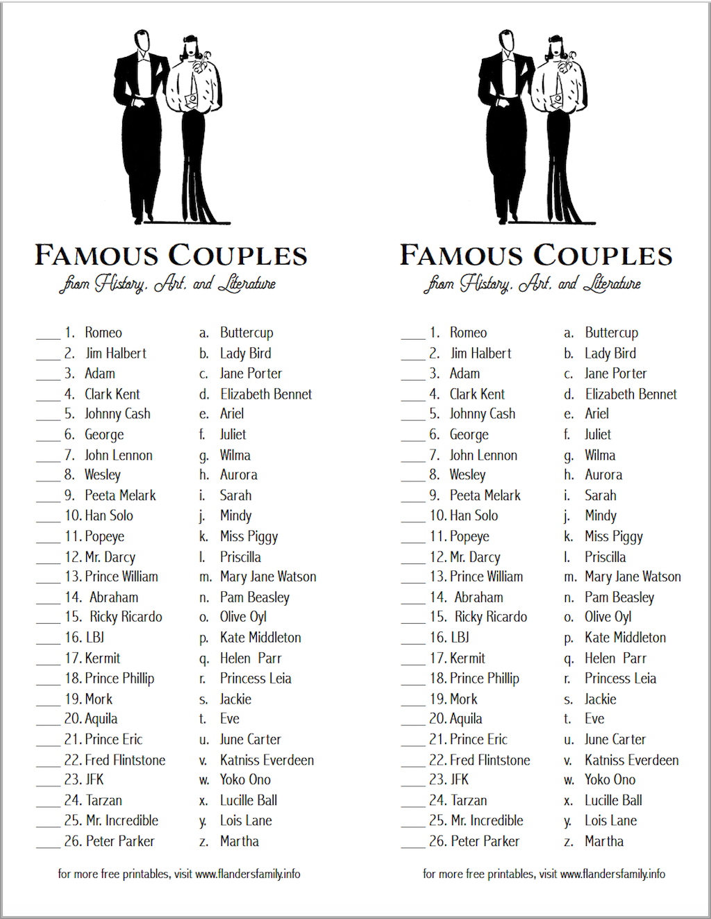 Can You Match These Famous Couples? (Free Printable) - Flanders - Free Printable Compatibility Test For Couples