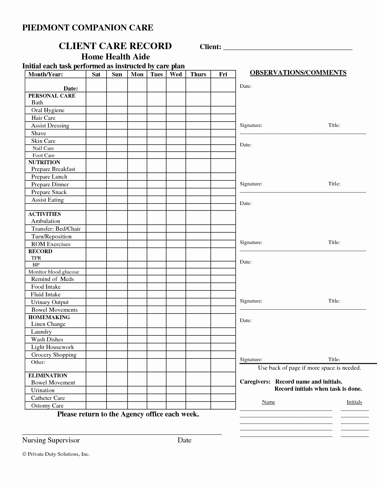 Printable Caregiver Daily Checklist Elderly 9696