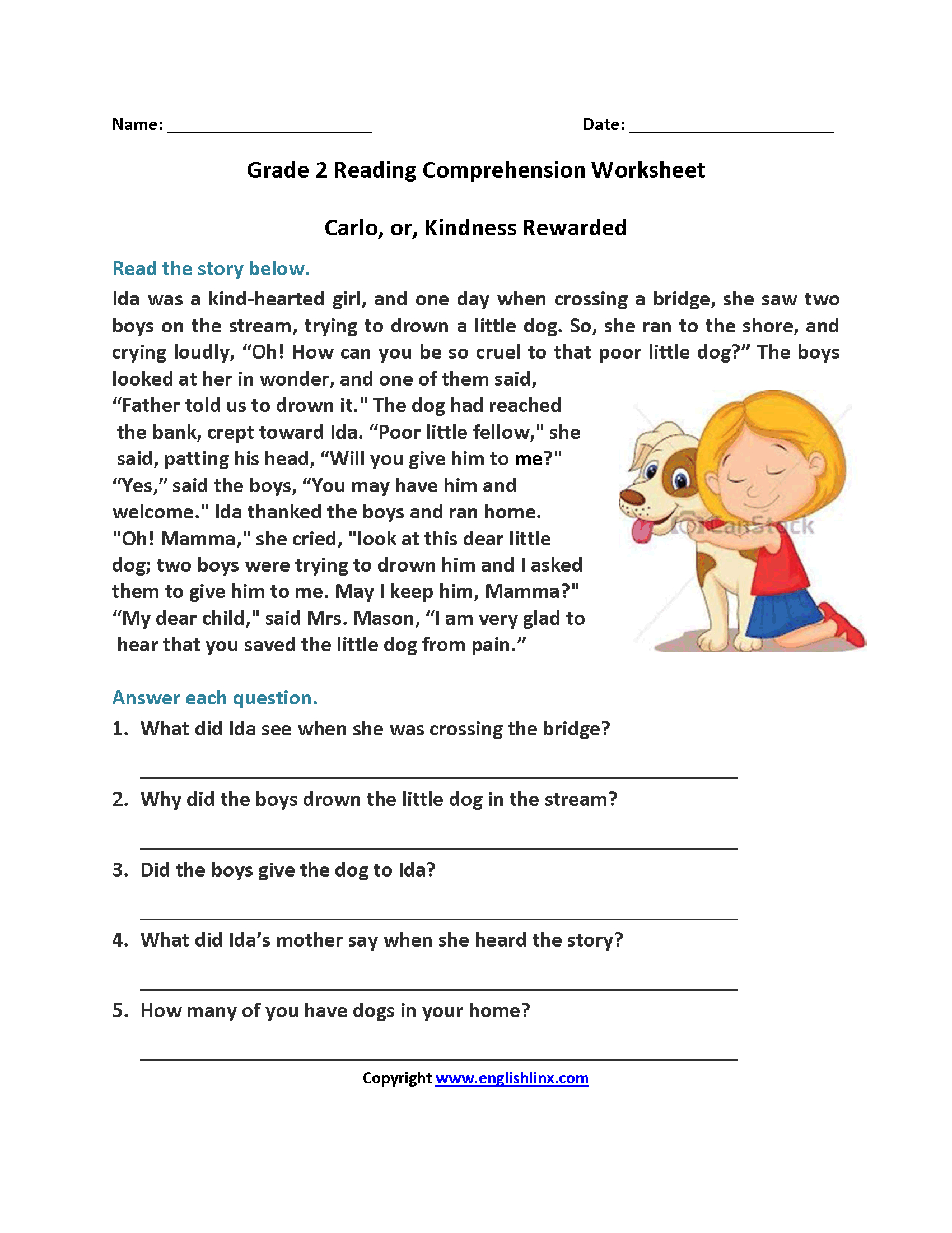 Carlo Or Kindness Rewarded Second Grade Reading Worksheets | Reading - Third Grade Reading Worksheets Free Printable