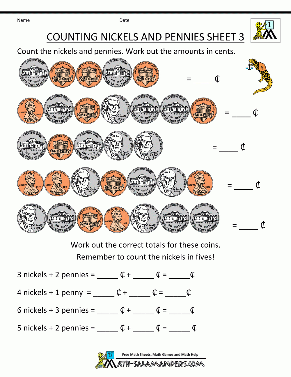 Charlie - Printable Money Worksheets Counting Nickels And Pennies - Free Printable Money Worksheets