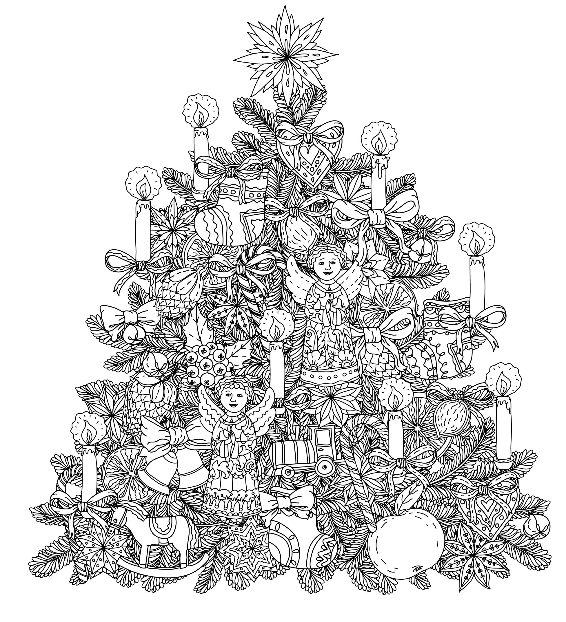 Christmas Tree With Ornaments - Christmas Adult Coloring Pages - Free Printable Christmas Tree Ornaments To Color