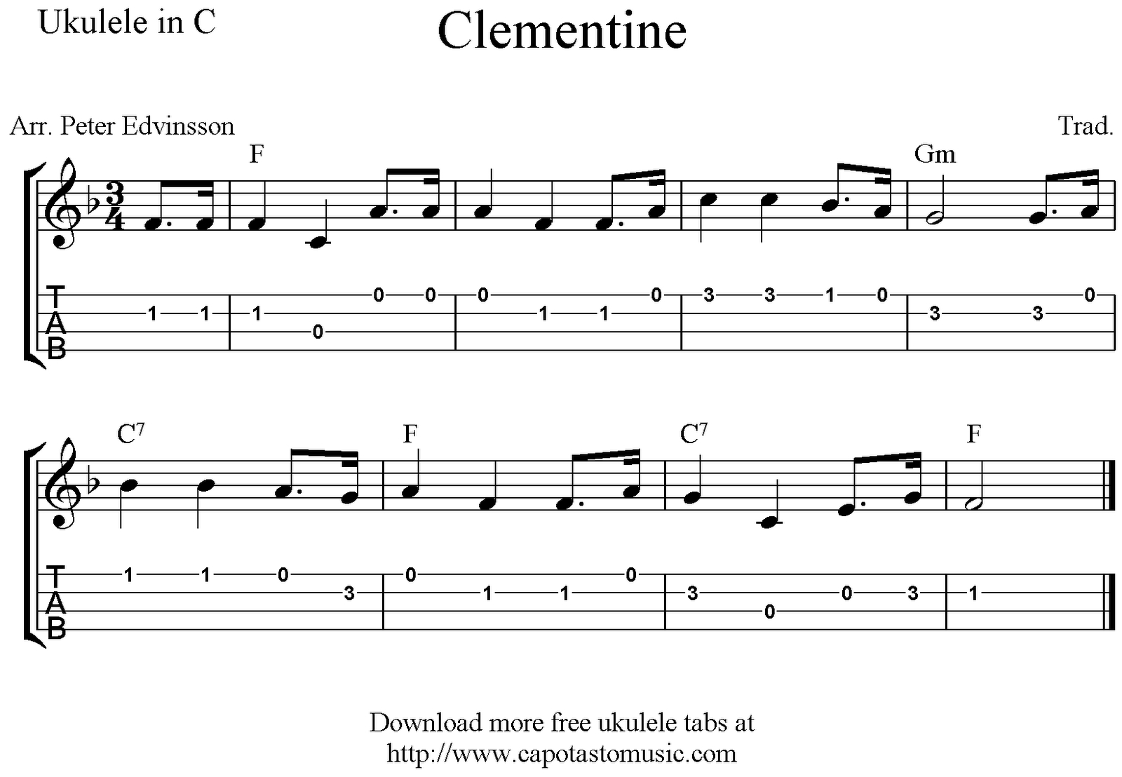 Clementine, Free Easy Ukulele Tab Sheet Music - Free Printable Ukulele Songs