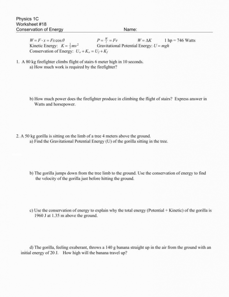 Collection Of Potential And Kinetic Energy Worksheet High School For - Free Printable Worksheets On Potential And Kinetic Energy