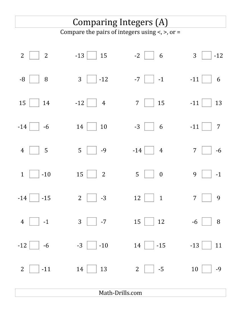 Comparing Integers From -15 To 15 (A) Basic Practice For Grade 7 - Free Printable Integer Worksheets Grade 7