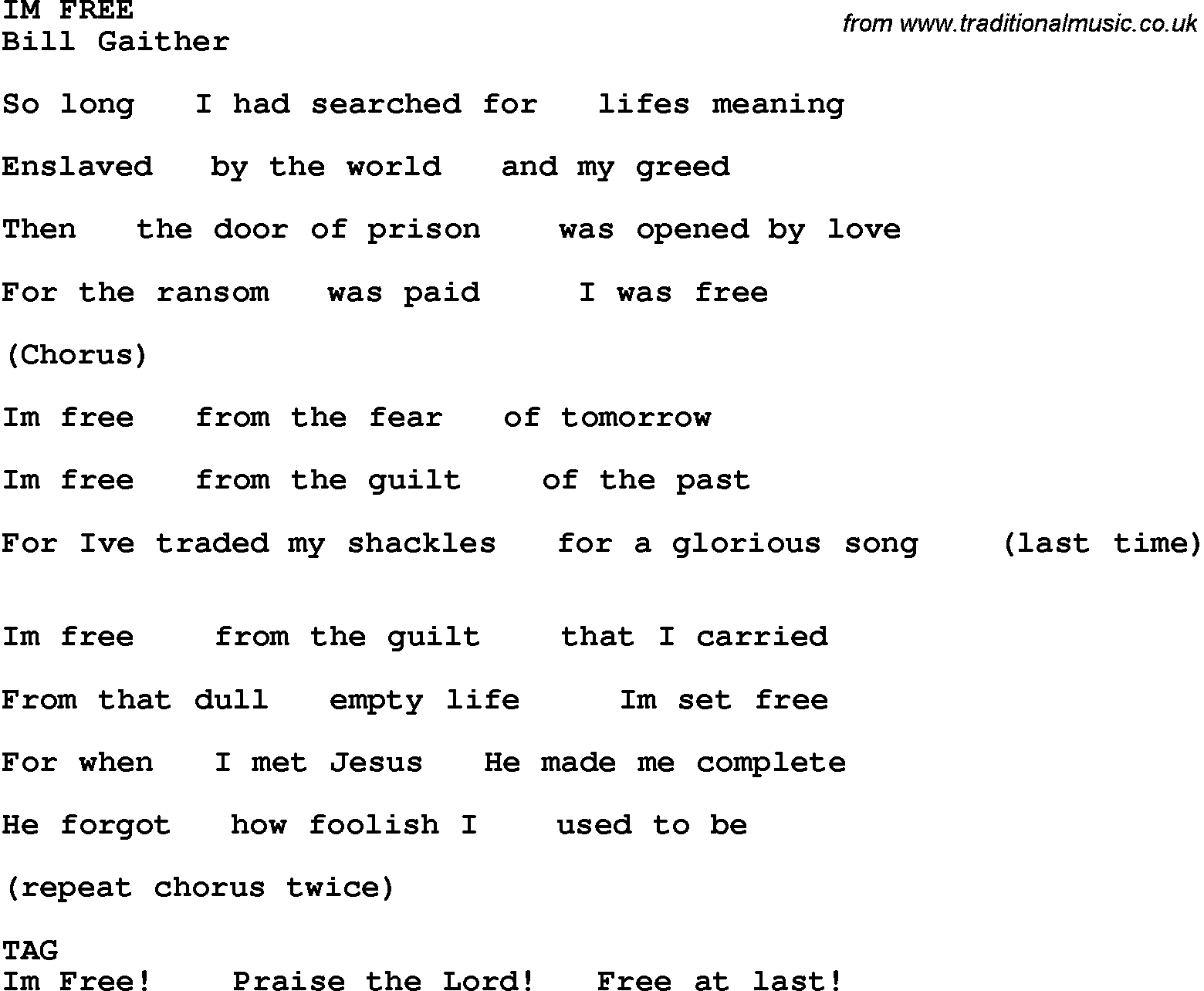 Country, Southern And Bluegrass Gospel Song Im Free Lyrics - Free Printable Gospel Music Lyrics