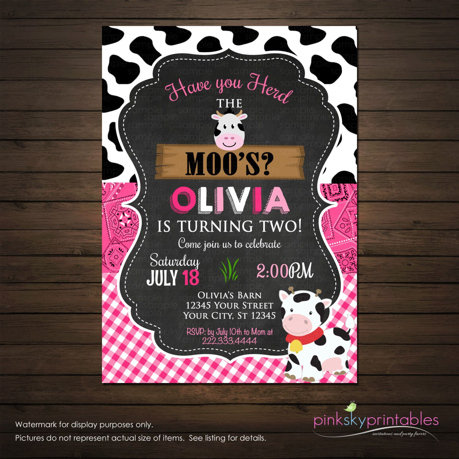Cow Birthday Invitation, Digital File, Moo Invitation, Pink Gingham - Free Printable Cow Birthday Invitations