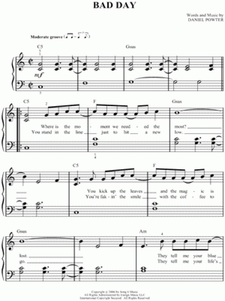 Daniel Powter &amp;quot;bad Day&amp;quot; Sheet Music (Easy Piano) In C Major For Bad - Bad Day Piano Sheet Music Free Printable