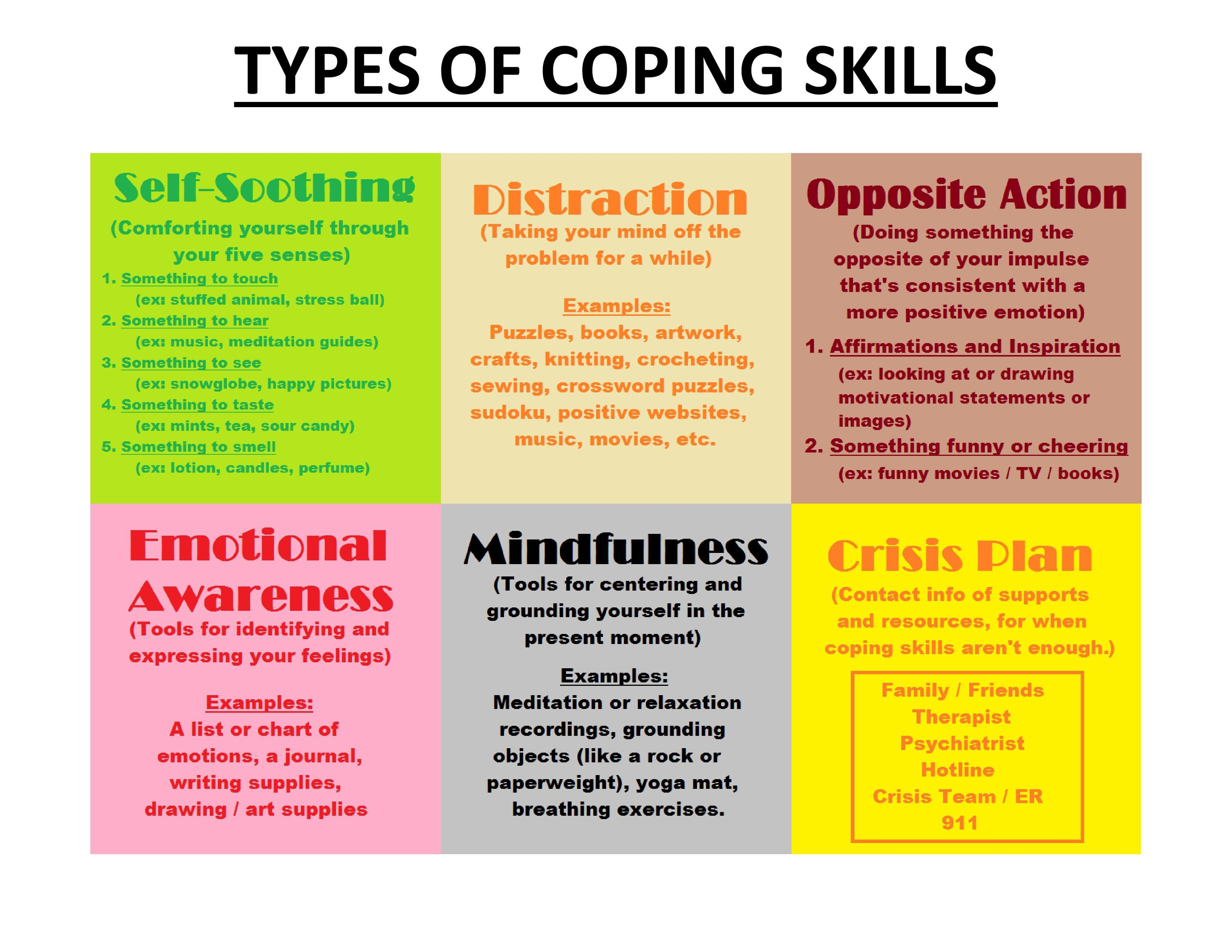 Different Types Of Coping Skills - Self-Soothing, Distraction - Free Printable Coping Skills Worksheets For Adults