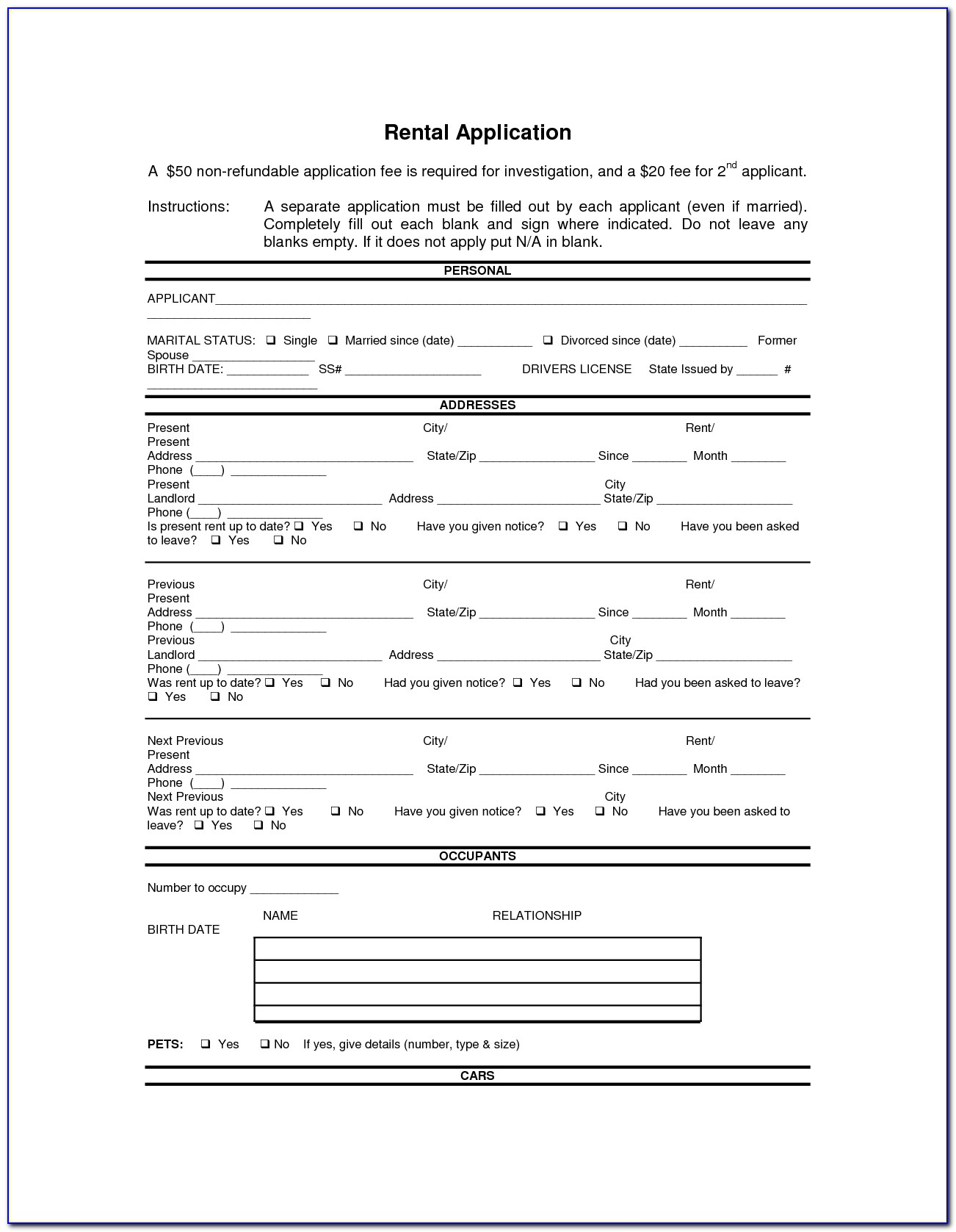 Doc.#592799: Printable Rental Agreement Forms – Free Rental Forms - Free Printable Rental Application Form