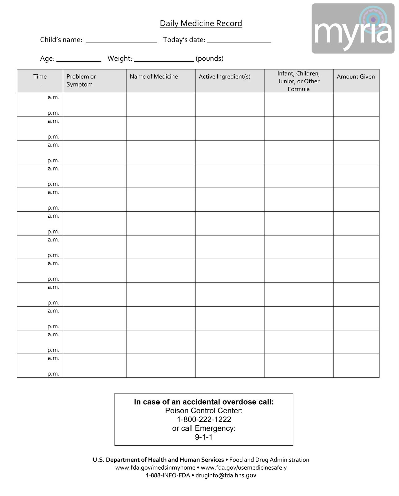 Download &amp;amp; Print A Free Daily Medicine Record Sheet - Myria - Free Printable Daily Medication Chart