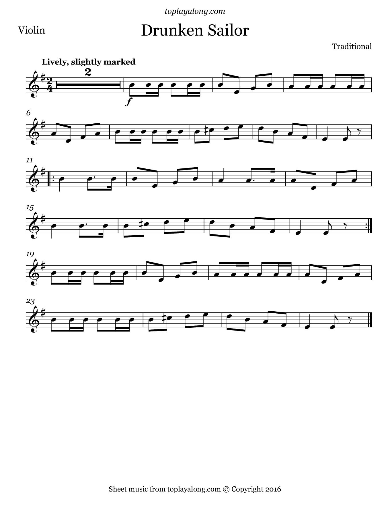 Drunken Sailor. Free Sheet Music For Violin. Visit Toplayalong - Free Printable Sheet Music For Trumpet