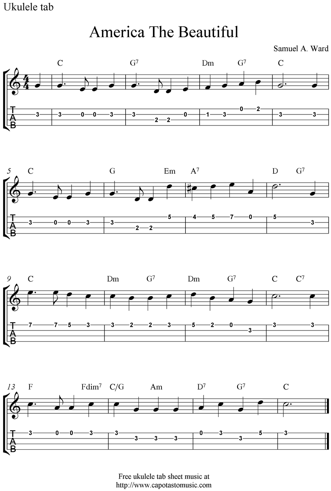 ✓&amp;quot;america The Beautiful&amp;quot; Ukulele Sheet Music - Free Printable - Free Printable Ukulele Songs