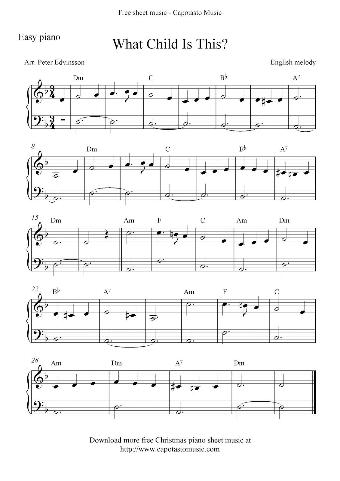 Easy Piano Solo Arrangementpeter Edvinsson Of The Christmas - Free Christmas Piano Sheet Music For Beginners Printable