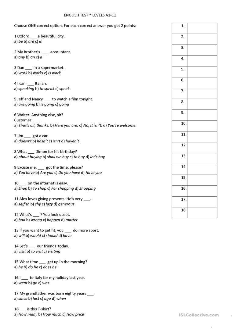 English Placement Test A1-C1 Worksheet - Free Esl Printable - Free Esl Assessment Test Printable