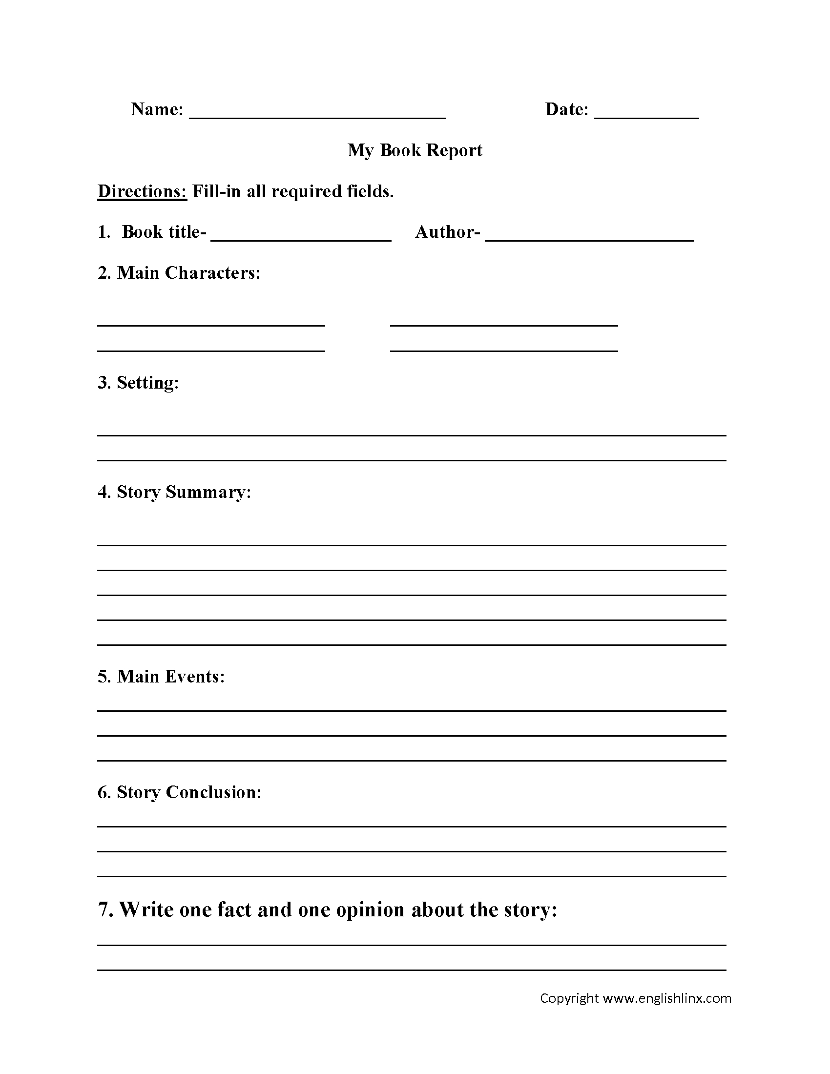 Englishlinx | Book Report Worksheets - Free Printable Story Books For Grade 2