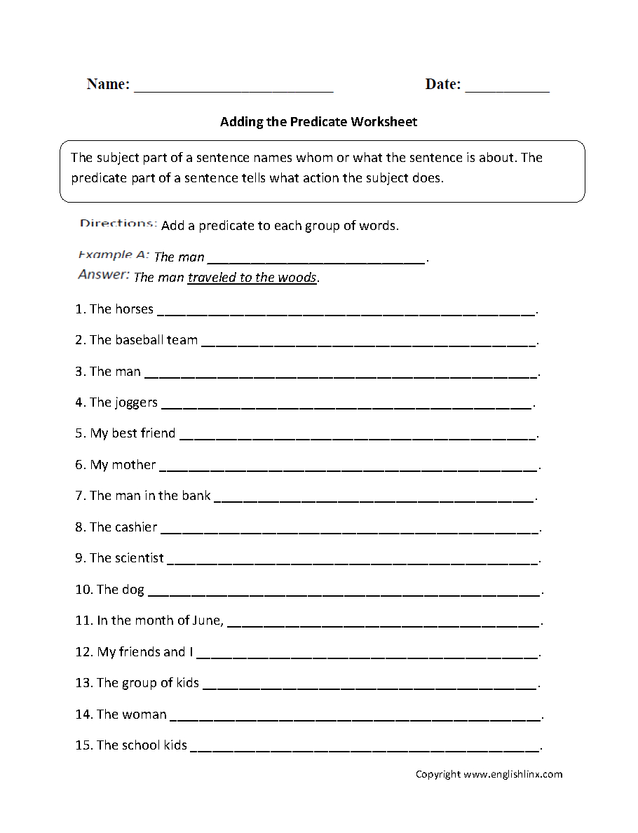 Englishlinx | Subject And Predicate Worksheets - Free Printable Grammar Worksheets For Highschool Students